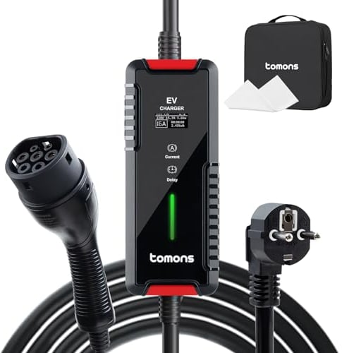 tomons Typ 2 Ladekabel Schuko 3,5 kW, 16A, 6M, Mobile Wallbox Elektroauto Ladegerät, EV Charger mit LED-Anzeige und Verzögerungsfunktion(Schaltbar Strom 6/8/10/13/16A)