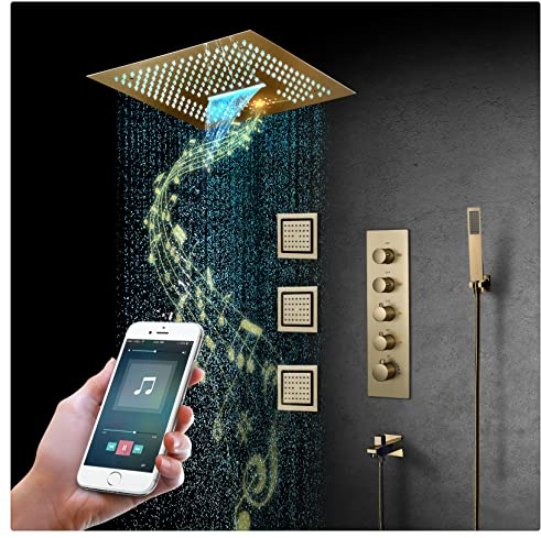 duschkopfLED-Musik-Duschsystem, Thermostat-Mischbatterie, 4-Funktions-Duschset mit Regenduschkopf, Handbrause, 3 Körperstrahl-Sprühdüsen, Deckenmontage, LED-Kopfbrausen-Set mit Fernbedienung