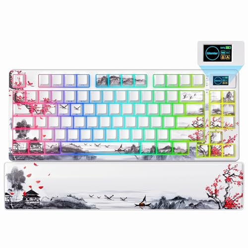 Womier 75% Keyboard with Color Multimedia Screen Wireless Gaming Mechanical Keyboard, Theme 3-Modes Hot Swappable Keyboard w/Wrist Rest,SK80 PRO Gasket RGB Custom for Mac/Win,Red Plum