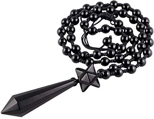 mookaitedecor Black Obsidian Crystal Necklace Merkaba Star Pendant Crystal Point Necklace for Women Men, Sacred Geometry Healing Crystal Bead Necklace Wiccan Spiritual Protection Necklace Jewellery