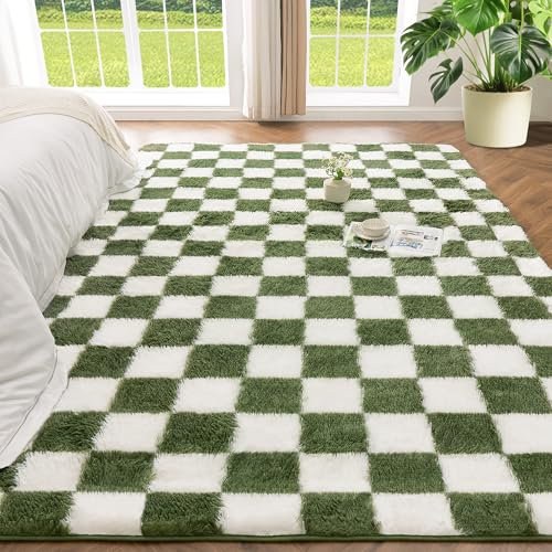 Andency Teppich, klassisch, kariert, zotteliger Teppich, rutschfest, Hochflor, weich, flauschig, für Wohnzimmer, Schlafzimmer, Kinderzimmer, Spielzimmer, niedliches Wohnheim, 90x150 cm, Grün