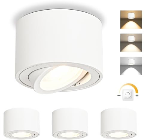 GeyouLux LED Aufbauspots Dimmbar - Extra Flach 30° Schwenkbar Ø80x50mm Deckenspots Weiß - inkl. 5W 500LM LED Modul 230V - 3000K/4000K/6500K Deckenstrahler Aufputz Spots Aufbaustrahler Rund 4 Stück