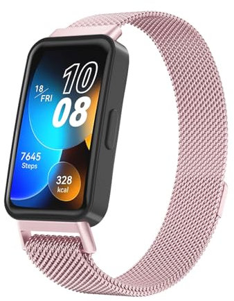 Amzpas Armband für Huawei Band 8 / Band 9 Metall Damen Herren,Edelstahl Metall Mesh Ersatzarmband Magnetschloss Uhrenarmband für Huawei Band 9 / Band 8 (Rosa)