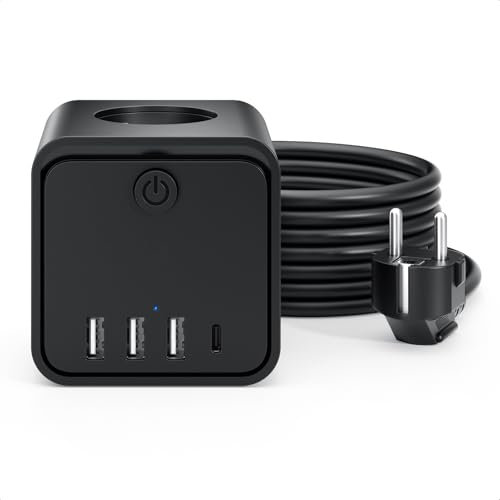7 en 1 Cubo Regleta Enchufes 3m, 3 Tomas de CA, con 3 USB A y 1 USB C, Cable 3m Regleta Enchufes Proteccion Sobretension con Interruptor para Sala de Estar Oficina Dormitorio Regleta Cubo