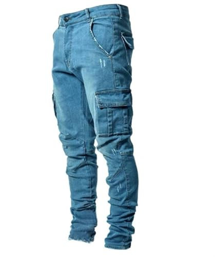 Jeans cargo da uomo in denim slim fit elasticizzato strappato jeans retrò casual pantaloni in denim punk pantaloni da lavoro dritti, Blu, L