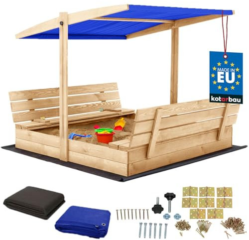 KOTARBAU® Sandkasten mit Abdeckung 140 x 140 cm Großer Naturfarbe Holzsandkasten mit Blau Dach Sandkasten mit Deckel Sandkasten mit Dach Gartenspielzeug Kinder imprägniert verschließbar mit Bänken