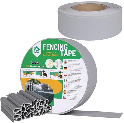 Cinta de valla, sombreado, cubierta de valla de panel UV I Tiras de Protección Visual de PVC I Valla de privacidad valla de jardín I 35m 450g/m2 + 20 clips de fijación (Gris, 4,75 cm)