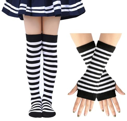 EQLEF Fancy Kniestrümpfe Mädchen 6-10 Jahre, Stulpen Mädchen mit Langen Fingerlosen Handschuhen Mädchen Kostüm Oberschenkel Hohe Socken für Weihnachten Halloween Karneval Themenparty