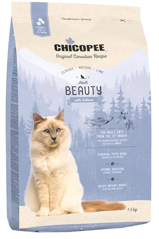 Chicopee Classic Nature Line | Adult Beauty | Katzenfutter trocken | Lachs & Geflügel | Haut & Fell, Omega-Fettsäuren, Vitamine | ohne Weizen | Inspiriert von der Natur Kanadas | 1,5 kg