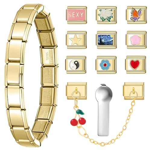 HTTDSLF Ensemble de Bracelets à Breloques Italiens en Or, bracelets à breloques dorés, 10 Breloques Personnalisées, Lien De Bracelet à Charme Modulaire Amovible De 9 Mm