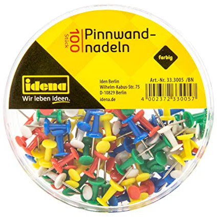 Idena 333005 - Pinnwandnadeln, 100 Stück, farbig sortiert, in Kunststoffbox
