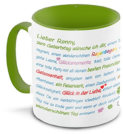 Tasse zum Geburtstag mit Namen Ronny und vielen Glückwünschen, grün/weiss