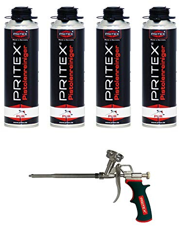 PRITEX – Set aus 4X 500 ml Pistolenreiniger + Schaumpistole – Schaumreiniger für Montagepistolen, Dosenventile & Oberflächen + Bauschaumpistole zur Verarbeitung von 1-Komponenten-Schäumen