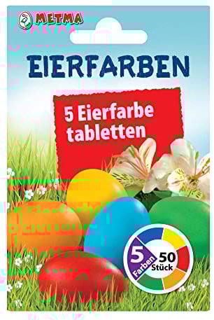 Metma B085 – Lot de 5 colorations pour œufs, Rouge, Orange, Jaune, Vert, Bleu, Couleur Chaude, Pastels, œufs de Pâques, Pâques