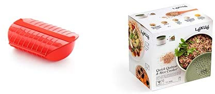 Lékué Estuche de vapor con bandeja, 3-4 personas, Capacidad: 1400 ml, color rojo + Recipiente para cocinar Quinoa, Arroces y Cereales, 1 Litro