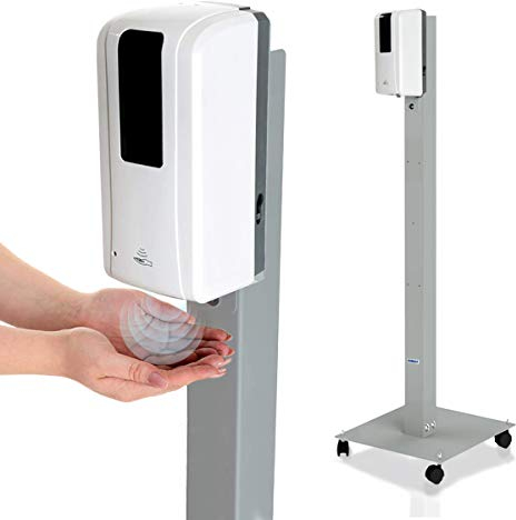 KRIEG Desinfektionsmittelständer mit Sensor I Silber I Kontaktlos Hygienestation 1000 ml - 333 Sprühstöße I Desinfektionsstation freistehend, höhenverstellbar, touchless I Hygienesäule Ready to go