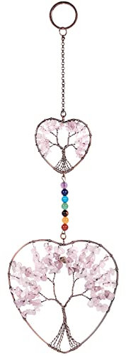 Nupuyai Rose Quartz Double Love Heart Crystal Tree of Life Hanging Ornament, Reiki Healing Stones Home Window Good Luck Wedding Decor
