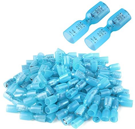 Lot de 100 connecteurs femelles 16-14 AWG 16mm2 - Connecteurs à sertir électriques bleus - Rétractables - Isolés - Étanches - Pour le câblage de la maison, de l'automobile, de la moto.