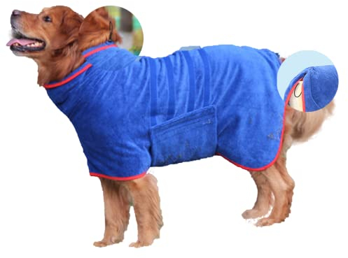 Hixingo Hundebademantel Mittelgroße Hunde, Hundehandtuch Extra Saugfähig Mikrofaser Badetuch mit Klettverschluss Verstellbar Haustier Handtuch für Kleine, Hunde Große und Katzen (Blau,3XL-75cm Back)