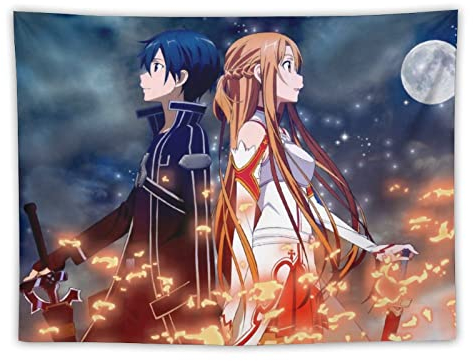 XUYANG Sword Art Online Sao Kirito Asuna Anime-Poster, Druck auf Polyester, Tapisserie, Schriftrolle, Wandkunst, Bild, Familien-Heimdekoration, Schlafzimmer, dekorativer Wandteppich, 76,2 x 101,6 cm
