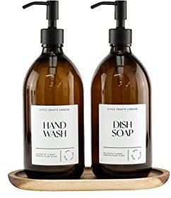 Little Crafts London - Set Of 2 Amber Glass Bottle 500 ML With Stainless Steel Pump & Oval Acacia Tray - Hand Wash & Dish Soap (Black 3)