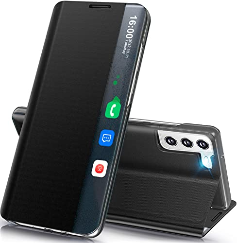 Handyhülle für Samsung Galaxy S23 Hülle Klappbar, Luxus Dünn Spiegel Flip Leder Hard PC Stoßfest Case Cover für Samsung S23 5G Hülle mit Ständer Klappbar, Clear View für Samsung Galaxy S23 5g Hülle