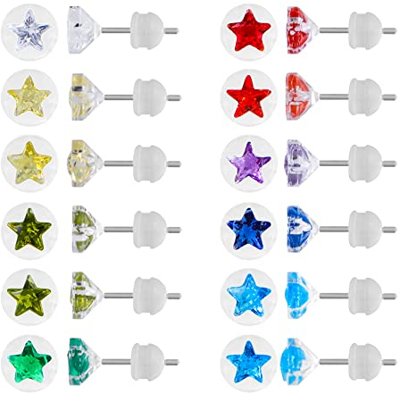 12-Paar Kunststoff Ohrringe für empfindliche Ohren, Stern Herz Kunststoff Post Ohrstecker, Geburtsstein Cubic Zirkonia CZ Ohrstecker für Frauen 3mm (Star 3mm)