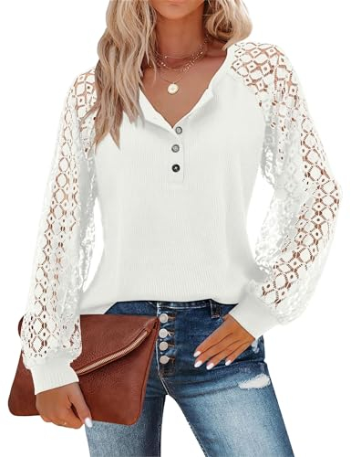 Beluring Women Casual V Neck Tunic Tops Lace Long Sleeve Tshirts Falt Hem Blouse, White Size 16 18