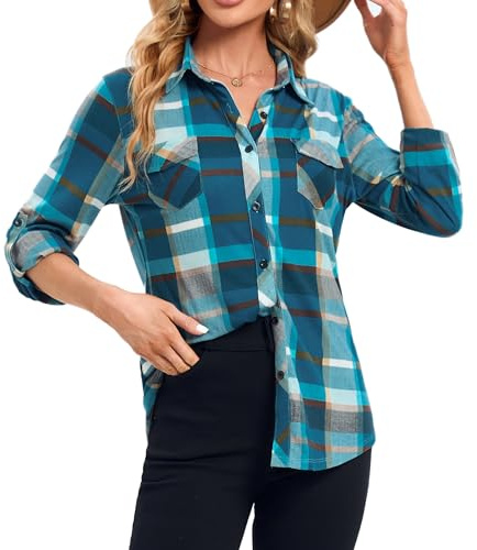 Jhsnjnr Chemise décontractée à carreaux à manches longues pour femme, Bleu/marron, M