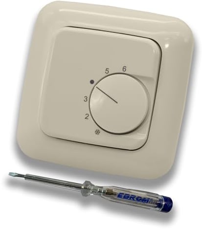 Halmburger UP Raumthermostat Raumtemperaturregler RTR-76cg in Busch Jäger DURO2000 cremeweiß im 1-Fach Rahmen 2511-212 inkl. EBROM Phasenprüfer zur Montage des Geräts RTR-76 (cg) Fußbodenheizung