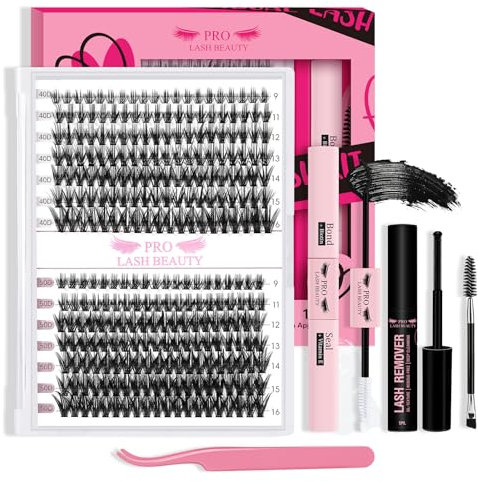 PRO DIY Wimpernverlängerung Kit, individuelle Wimpern Kit mit 280 Pcs Cluster Wimpern Bindung und Siegel, Wimpern Applikator Wimpernbürste für Anfänger(40D+50D-9-16mix Kit)