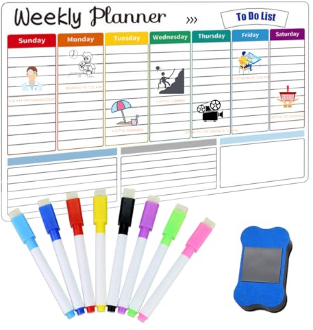 A3 Magnetischer Wochenplaner, Essensplaner Woche Abwischbar, Whiteboard Magnettafel Kühlschrank Weekly Planner für Haushaltsplan Einkaufsliste Essens und Fitnessplanung mit 8 Markern und Radierer