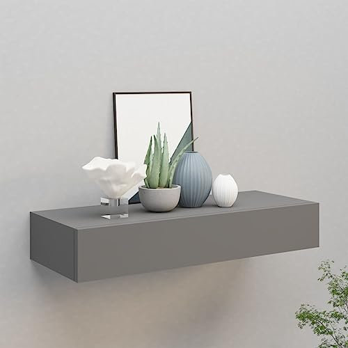 Homvdxl Schwebendes Nachttischregal mit Schublade, 60 x 23,5 x 10 cm, Nachttischregal, Wandmontage, Nachttisch, kleiner schwebender Nachttisch/Nachttisch mit Schublade für Schlafzimmer (Grau)
