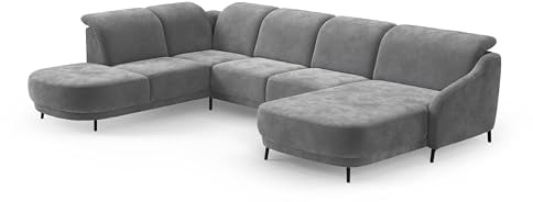 Cavadore Wohnlandschaft Blue, Sofalandschaft mit Longchair im modernen Design, inkl. kopfteilverstellung, Vorziehsitz motorisch, Klapptisch, USB-Anschluss, mattschwarzen Metallfüßen, Flachgewebe, Grau