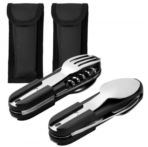 Dokeno 2 Pièces Vaisselle Pliante en Acier Inoxydable, Couverts de Camping Portable avec Sac Oxford, Couvert Multifonction Camping pour la Randonnée en Plein Air, Pique-Nique, Voyage