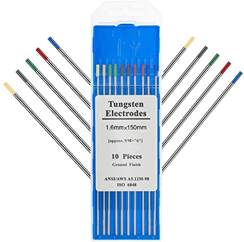 EATBALE pour TIG soudage Électrodes de tungstène Emballage mixte 1,6 x 150 mm, Tungstène pur + 2% cérium (gris) + 1,5% lanthane (or) + 2% lanthane (bleu) + 2% thorium Lot de 10
