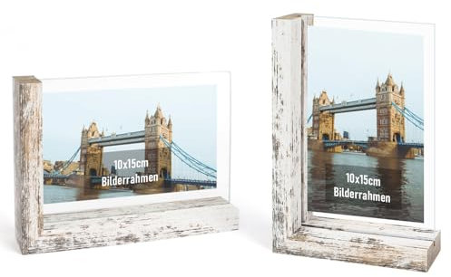 kollyseek 2er Set Bilderrahmen 10x15 cm, L-förmigem MDF Bilderrahmen mit Doppelseitiger nicht zerbrechliches gehärtetes Glas,Vintage-Weiß