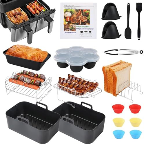 YAOYIN Moule Air Fryer, Accessoires Air Fryer pour Ninja AF400EU AF300EU AF451 AF500EU 7,6-10,4L, Dual Zone Ninja Air Fryer Accessoires Moule Silicone Air Fryer, Grilles de Cuisson, Moule à Pain Etc