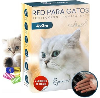 NICEOWL® Red para Gatos Terraza 4x3m Transparente I Malla Resistente y Duradera I Red de Proteccion para Gatos para Terraza, Balcon, Ventanas, etc.