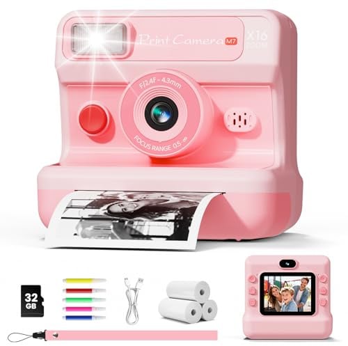 CalineGam Kinderkamera Sofortbildkamera, 2,4 Zoll mit 32GB Karte & 1080P HD | Zwei Objektive, inkl. 3 Papierrollen, Tintenloser Druck, MP3 Spiel, Geschenk für Jungen & Mädchen von 3 bis 12 Jahren