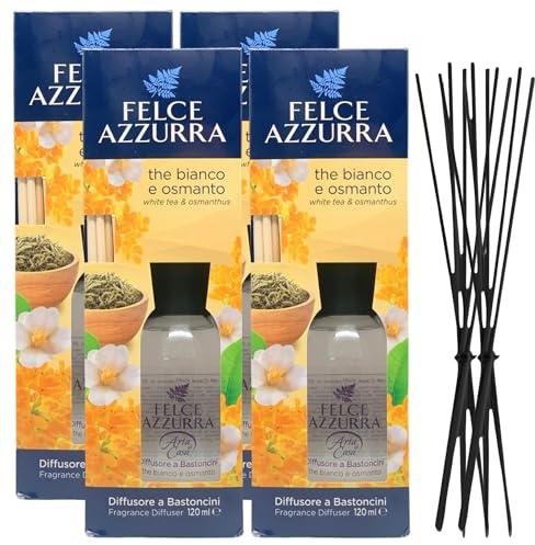 Felce Azzurra Diffusore Ambiente a Bastoncini, Fragranza THE BIANCO E OSMANTO, Formato 120ml + Ricambio 10 Bastoncini Per Diffusori Neri (4 Unità + Bastoncini)
