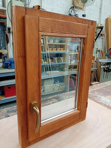 Finestra Legno misura cm L 50x70 H Lamellare di pino Colore Tinto Noce, Doppio Vetro Termico, Maniglia Bronzata