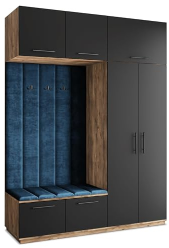 Masseno Flugarderoben Set Rema, Kleiderschrank-Set mit Sitzbank, Garderobenschrank Flur mit 5 Regalböden, Eiche Lefkas/Schwarz
