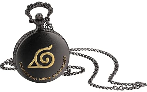 JewelryWe Retro Taschenuhr Herren Vintage Naruto Konohagakure Symbol Römische Ziffern Skala Analog Quarz Uhr mit Halskette Kette Kettenuhr Unisex schwarz