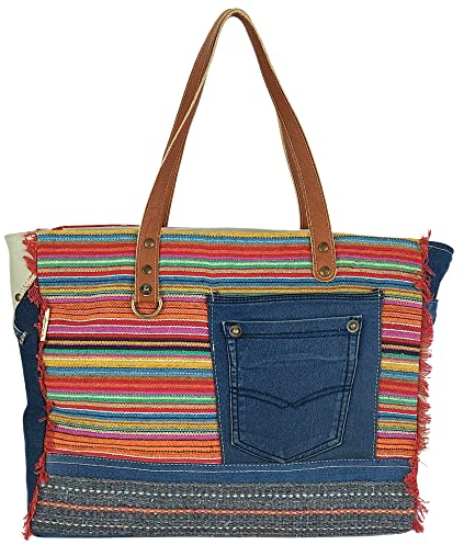 Sunsa Damen Handtasche. Nachhaltige XXL Schultertasche aus recycelte Jeans Baumwolle & Leder. Weekender/Sporttasche in Vintage Retro Stil. Große Shopper als Geschenkideen für Frauen