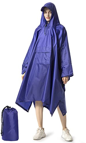 Regenponcho Herren Damen Unisex Regencape Regenmantel Regenjacke Wasserdicht Hiking Cycling Outdoor 3in1 Mehrzweck Wiederverwendbar Rain Poncho mit Kapuze Blau