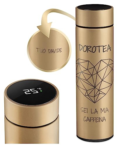 Maverton Tazza termica 450 ml - borraccia con incisione personalizzata in acciaio inox - coperchio ermetico one-touch - Thermos tè caffè con display led - per donna - gold - Caffeina