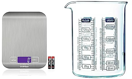 GRIFEMA GA2002 Balance de Cuisine Électronique de Haute Précision 5000g/1g avec Écran LCD Rétroéclairé, 6 Unités et Fonction Tare Acier Inoxydable & Pyrex - Kitchen Lab - Verre doseur 0.25 L