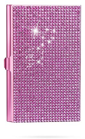 Qinsuee Bling Bling Petit porte-cartes de visite pour femme avec capacité de 10 à 20 cartes, pochette pour cartes de visite en alliage, porte-cartes fin (rose), bleu, bling bling
