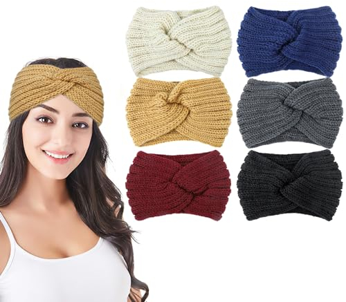 6 Stück Stirnband Damen Winter,Herbst Winter Stirnband Damen,Warm Halten Gestrickt Stirnband,Haarband Ohrenwärmer Elastische Headband,Verdicken Haarbänder Kopfband für Damen/Frauen
